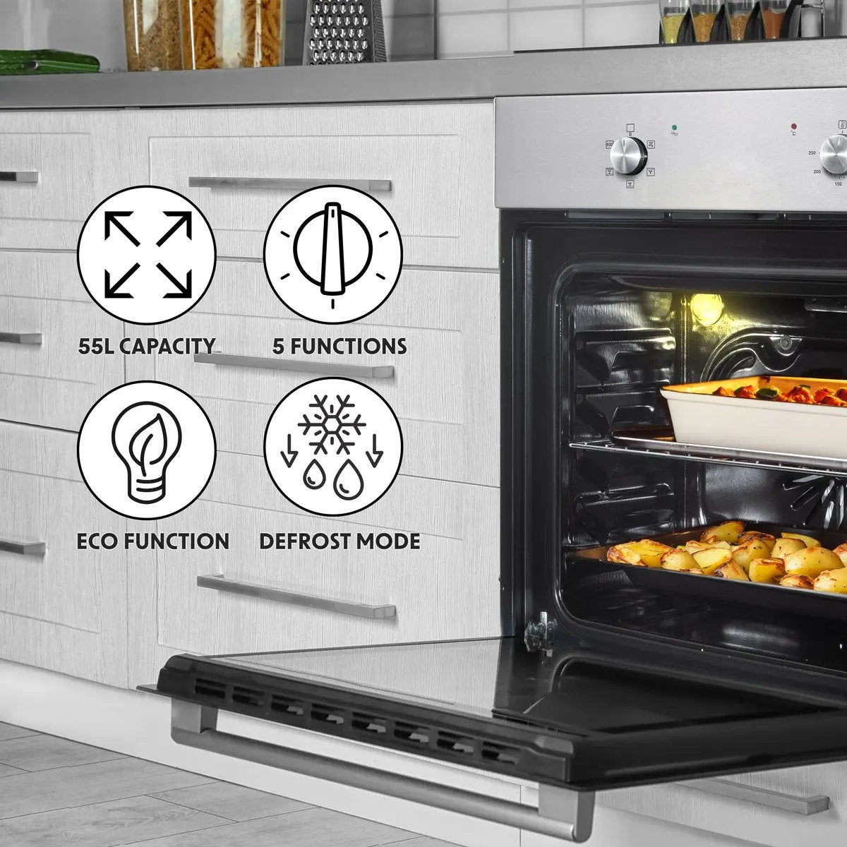 Baridi DH125 60cm Built-In Five Function Fan Assisted Oven 55L Capacity Stainless Steel Baridi