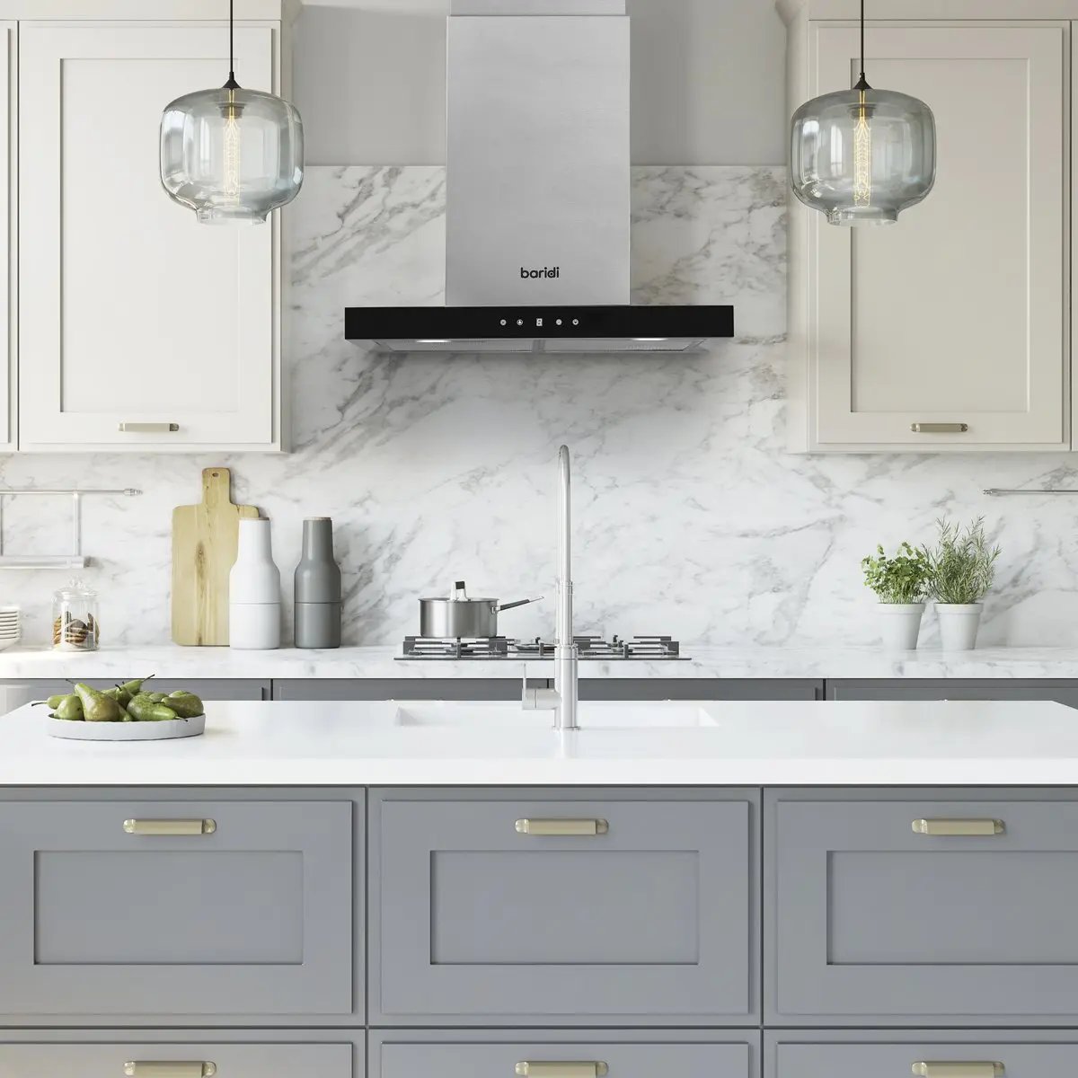 Baridi DH130 60cm T-Shape Chimney Cooker Hood with Carbon Filters Stainless Steel Baridi