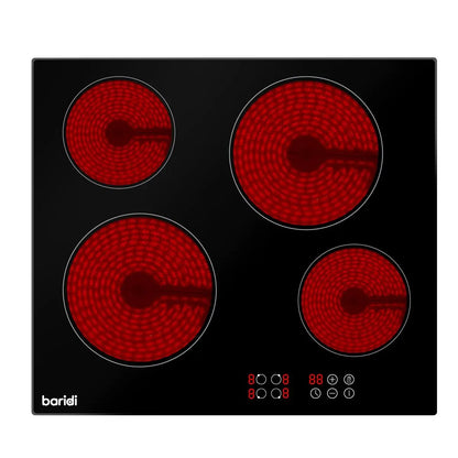 Baridi DH131 60cm Built-In Ceramic Hob 4 Cooking Zones Black Glass 6000W with Touch Controls Timer Baridi