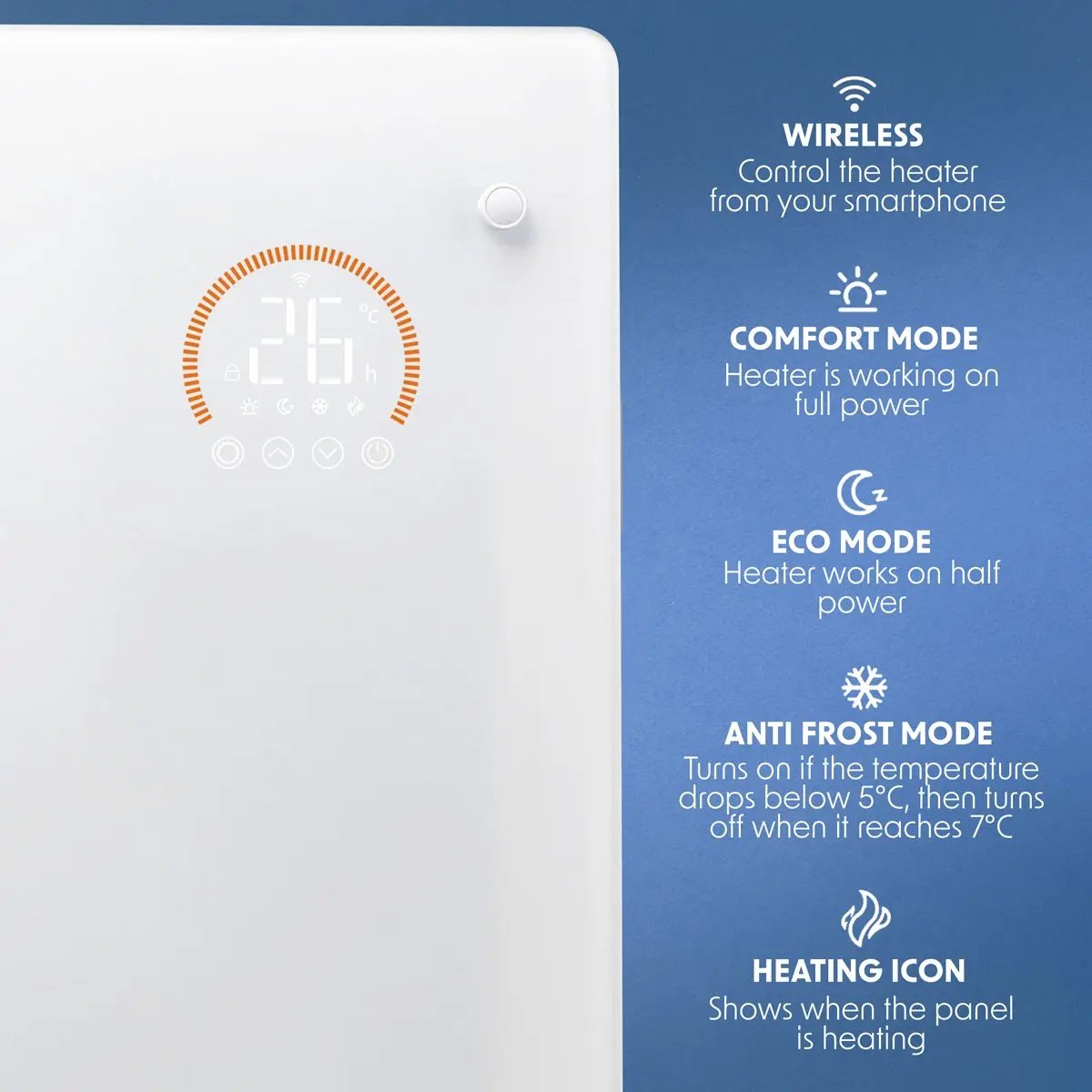 Baridi DH138 Electric Glass Panel Heater 1500W Thermostat Controlled 24Hr 7 Day Timer Wi-Fi Enabled Remote Control White Baridi