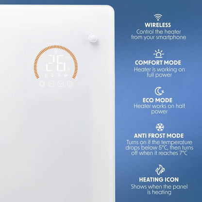 Baridi DH138 Electric Glass Panel Heater 1500W Thermostat Controlled 24Hr 7 Day Timer Wi-Fi Enabled Remote Control White Baridi