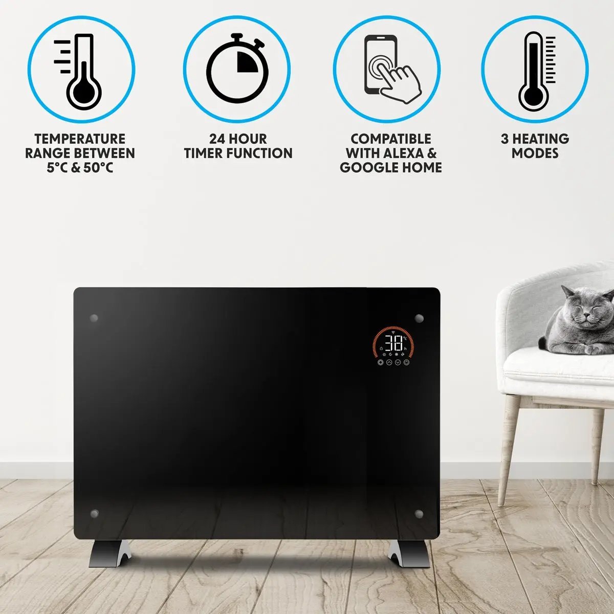 Baridi DH139 Electric Glass Panel Heater 2000W Thermostat Controlled Radiator with 24Hr 7 Day Timer Wi-Fi Enabled Remote Control Black Baridi