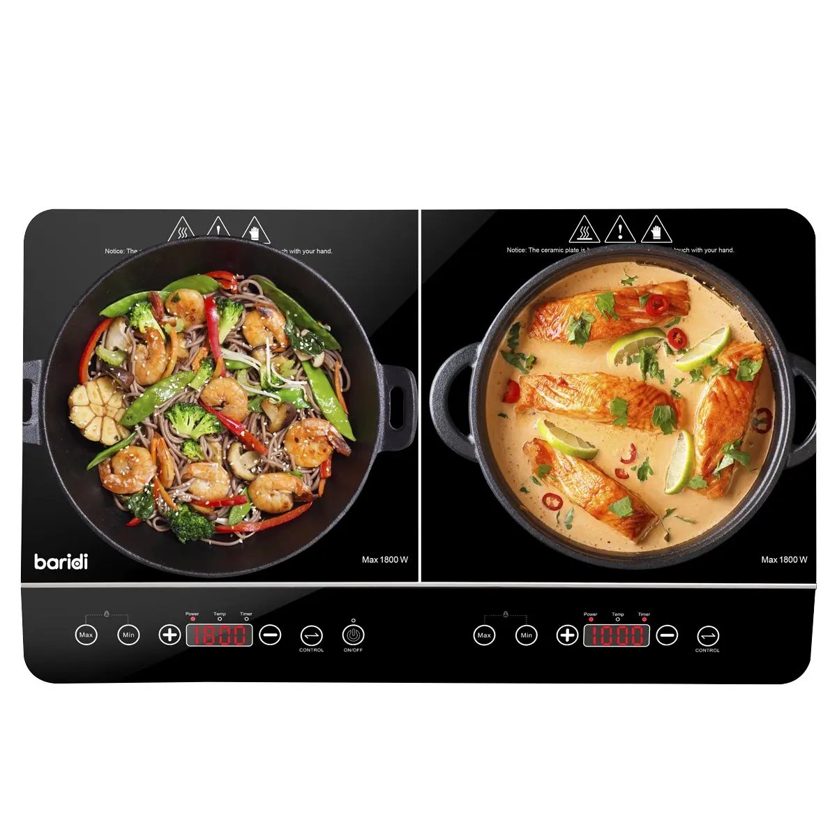 Baridi DH146 Portable Induction Hob: Two Zone Cooktop with 13A Plug 2800W 10 Power Settings Touch Controls 3-Hour Timer Function Child Safety Lock Black Baridi
