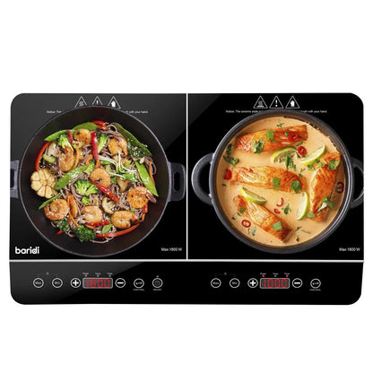 Baridi DH146 Portable Induction Hob: Two Zone Cooktop with 13A Plug 2800W 10 Power Settings Touch Controls 3-Hour Timer Function Child Safety Lock Black Baridi