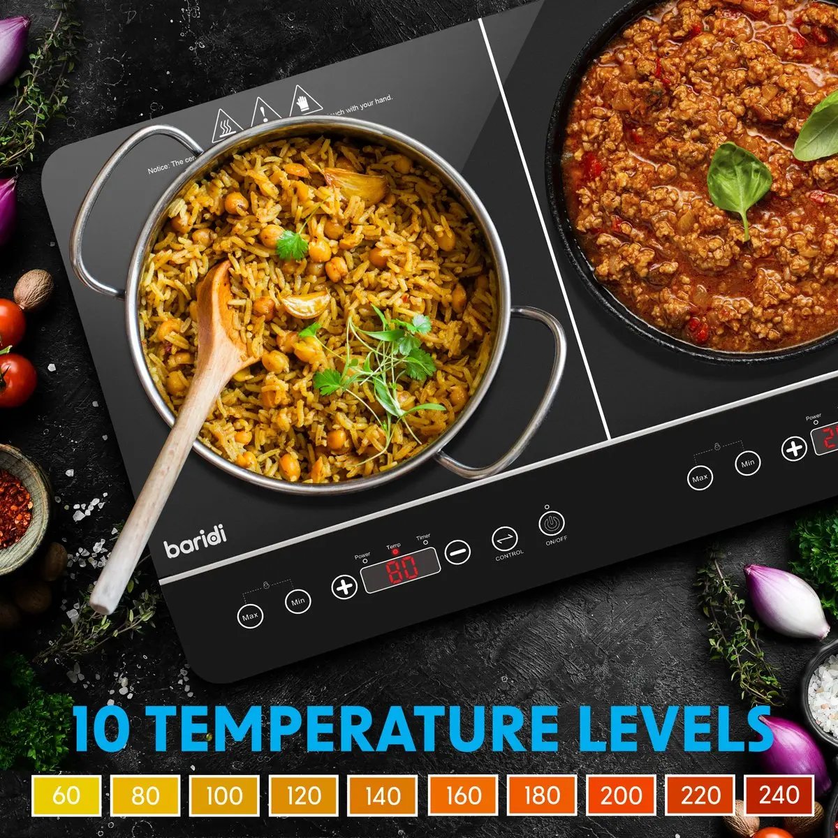 Baridi DH146 Portable Induction Hob: Two Zone Cooktop with 13A Plug 2800W 10 Power Settings Touch Controls 3-Hour Timer Function Child Safety Lock Black Baridi