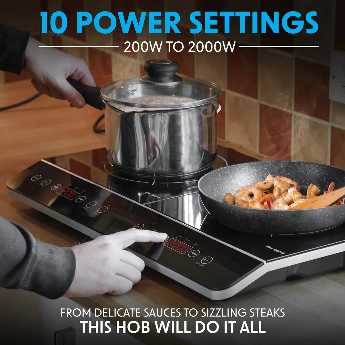 Baridi DH146 Portable Induction Hob: Two Zone Cooktop with 13A Plug 2800W 10 Power Settings Touch Controls 3-Hour Timer Function Child Safety Lock Black Baridi