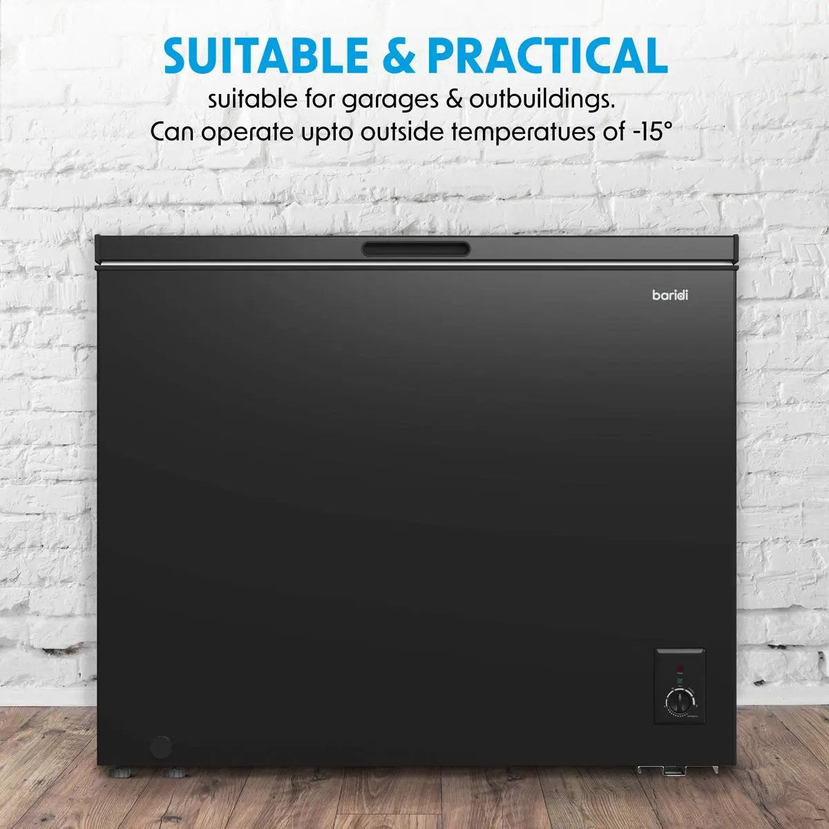 Baridi DH151 Freestanding Chest Freezer 199L Capacity Garages and Outbuilding Safe -12 to -24°C Adjustable Thermostat with Refrigeration Mode Black Baridi