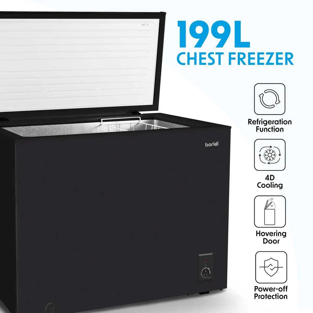 Baridi DH151 Freestanding Chest Freezer 199L Capacity Garages and Outbuilding Safe -12 to -24°C Adjustable Thermostat with Refrigeration Mode Black Baridi
