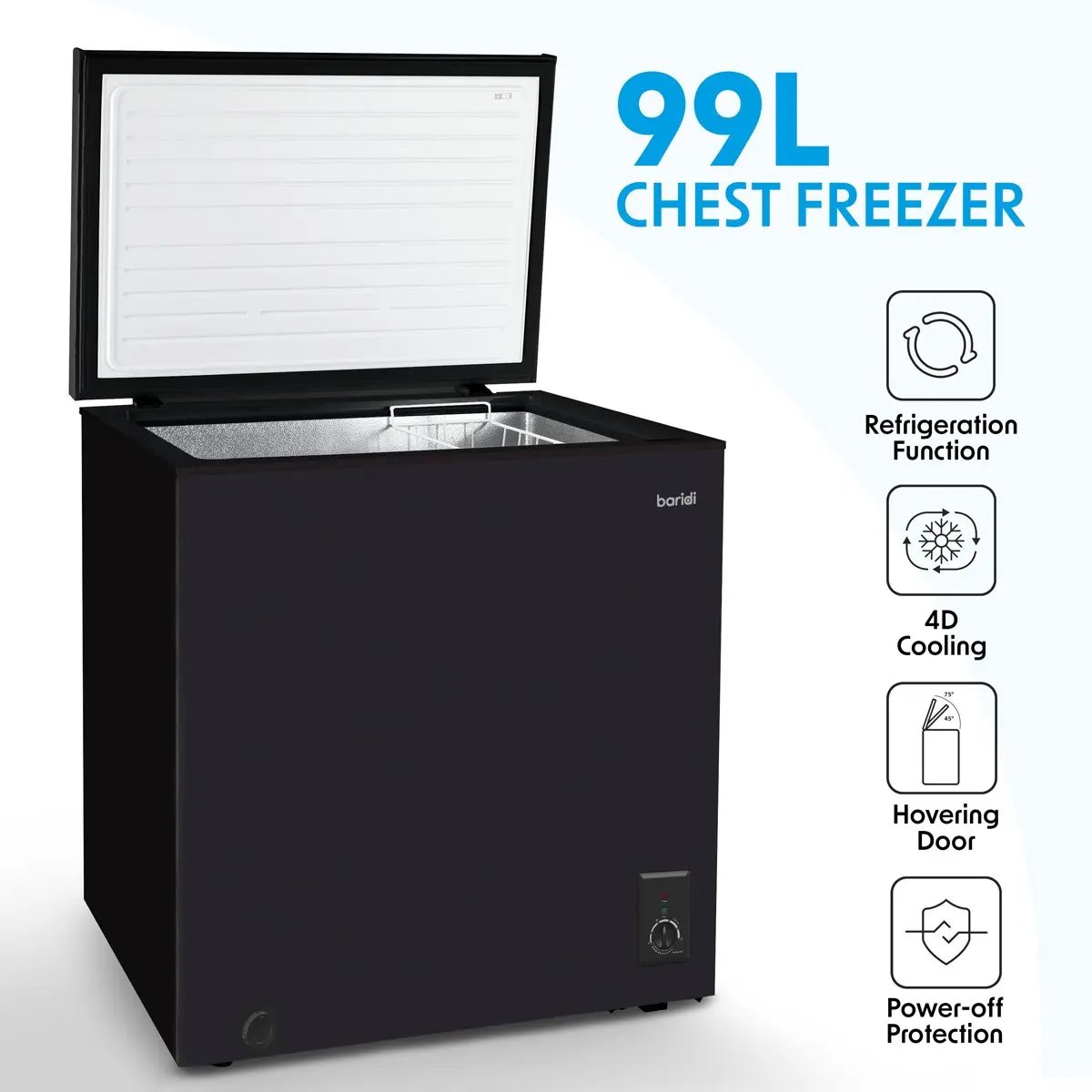 Baridi DH153 Freestanding Chest Freezer 99L Capacity -12 to -24°C Adjustable Thermostat Black Baridi