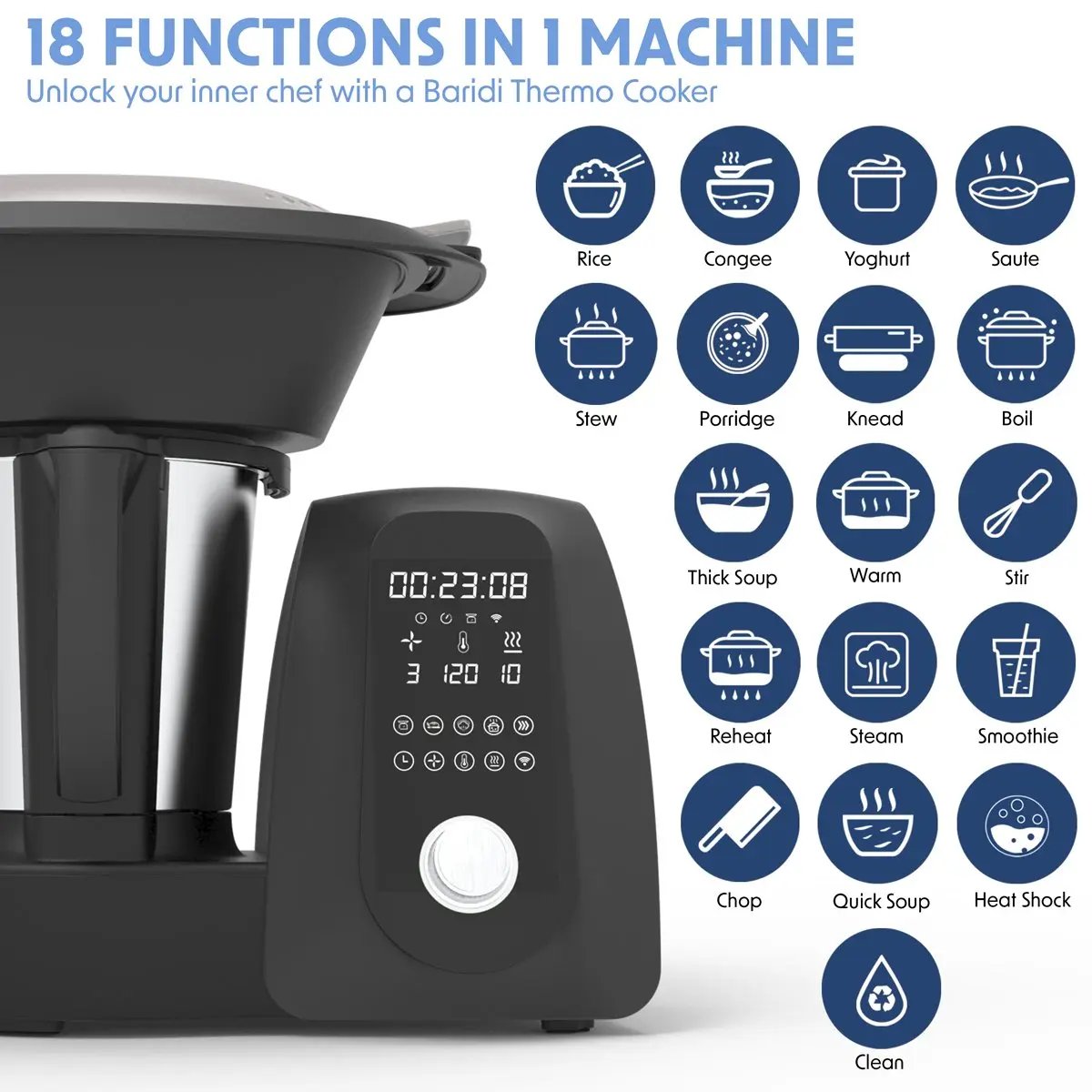 Baridi DH163 All-in-One Thermo-Cooker 18 Preset Functions App Guided Recipes Black Baridi