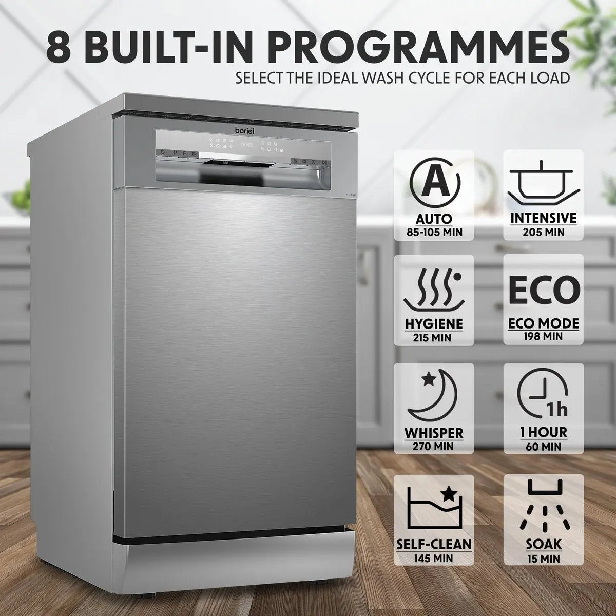 Baridi DH166 Slimline Freestanding Dishwasher 45cm Wide with 10 Place Settings 8 Programs & 5 Functions LED Display Silver Baridi