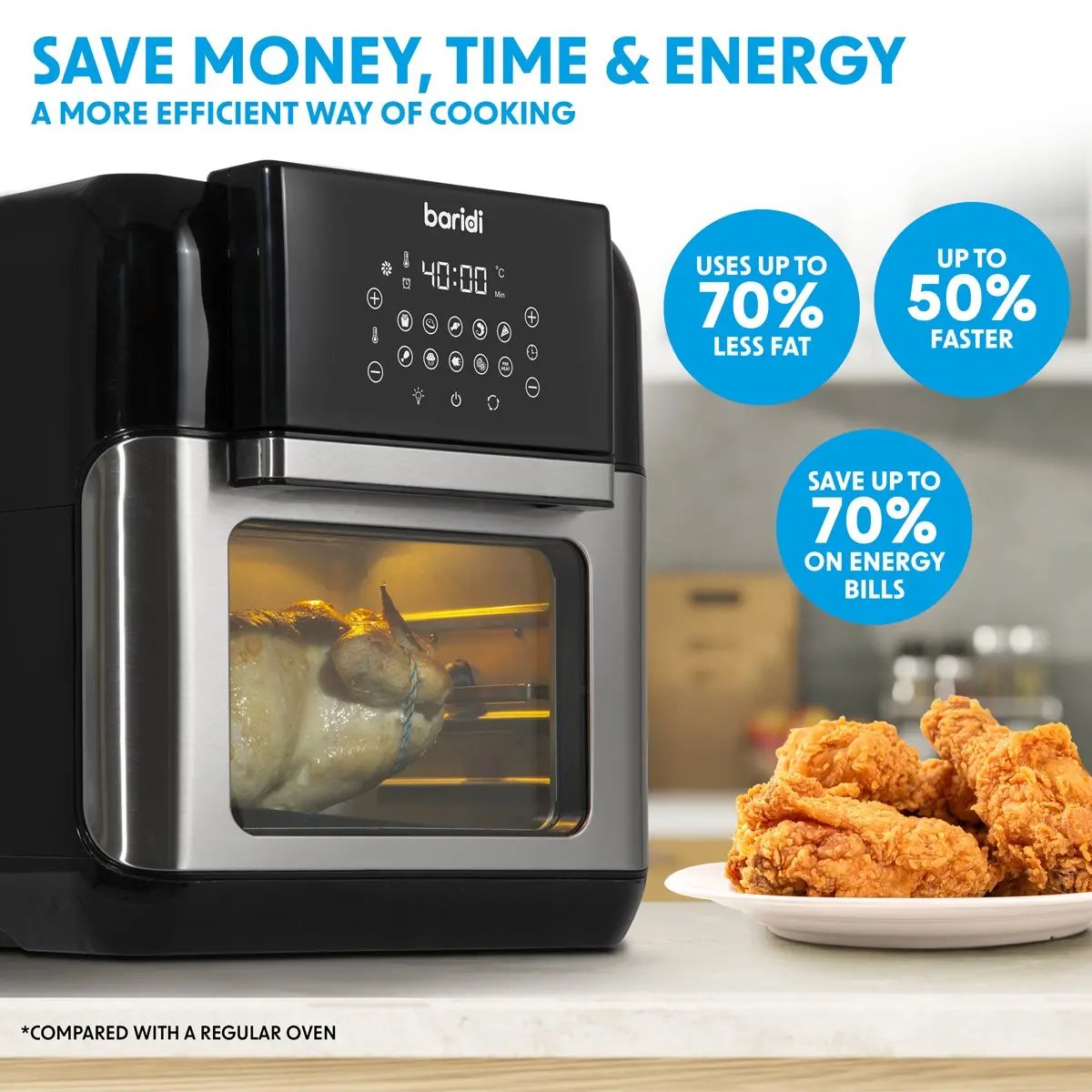 Baridi DH170 Air Fryer & Rotisserie 10 Preset Programs 1500W 12L Black & Silver Baridi