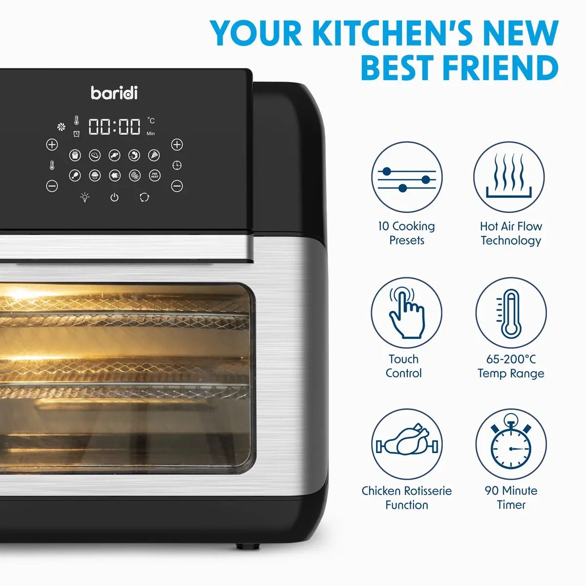 Baridi DH170 Air Fryer & Rotisserie 10 Preset Programs 1500W 12L Black & Silver Baridi