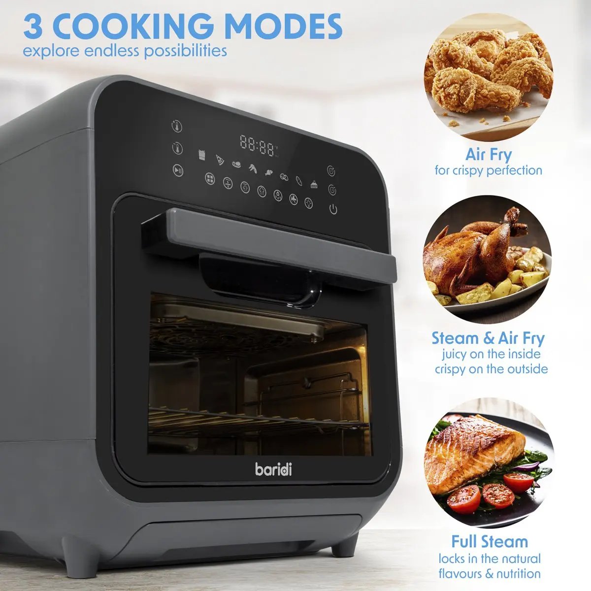 Baridi DH171 Steam Air Fryer Oven Self-Cleaning 8 Preset Programs 1635W 15L Black Baridi