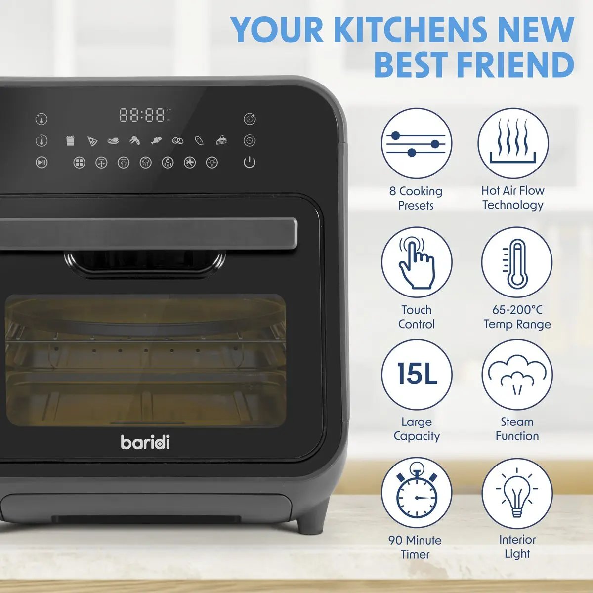 Baridi DH171 Steam Air Fryer Oven Self-Cleaning 8 Preset Programs 1635W 15L Black Baridi