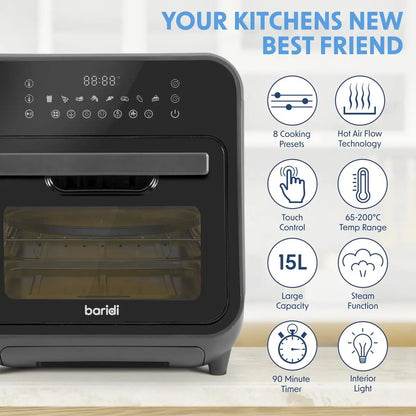 Baridi DH171 Steam Air Fryer Oven Self-Cleaning 8 Preset Programs 1635W 15L Black Baridi