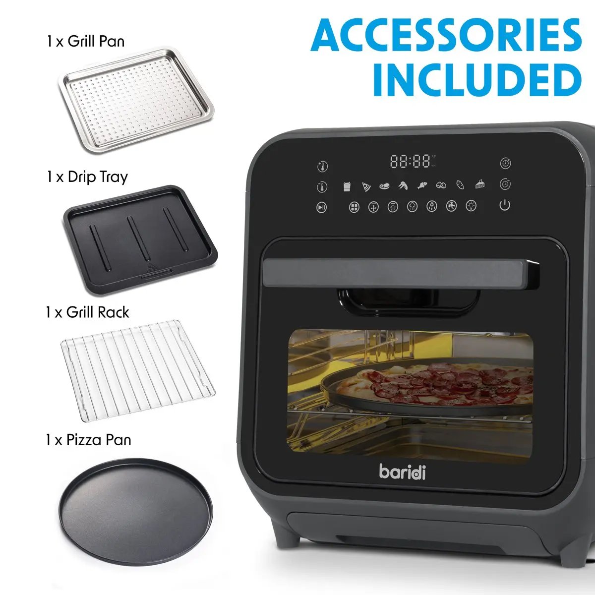 Baridi DH171 Steam Air Fryer Oven Self-Cleaning 8 Preset Programs 1635W 15L Black Baridi