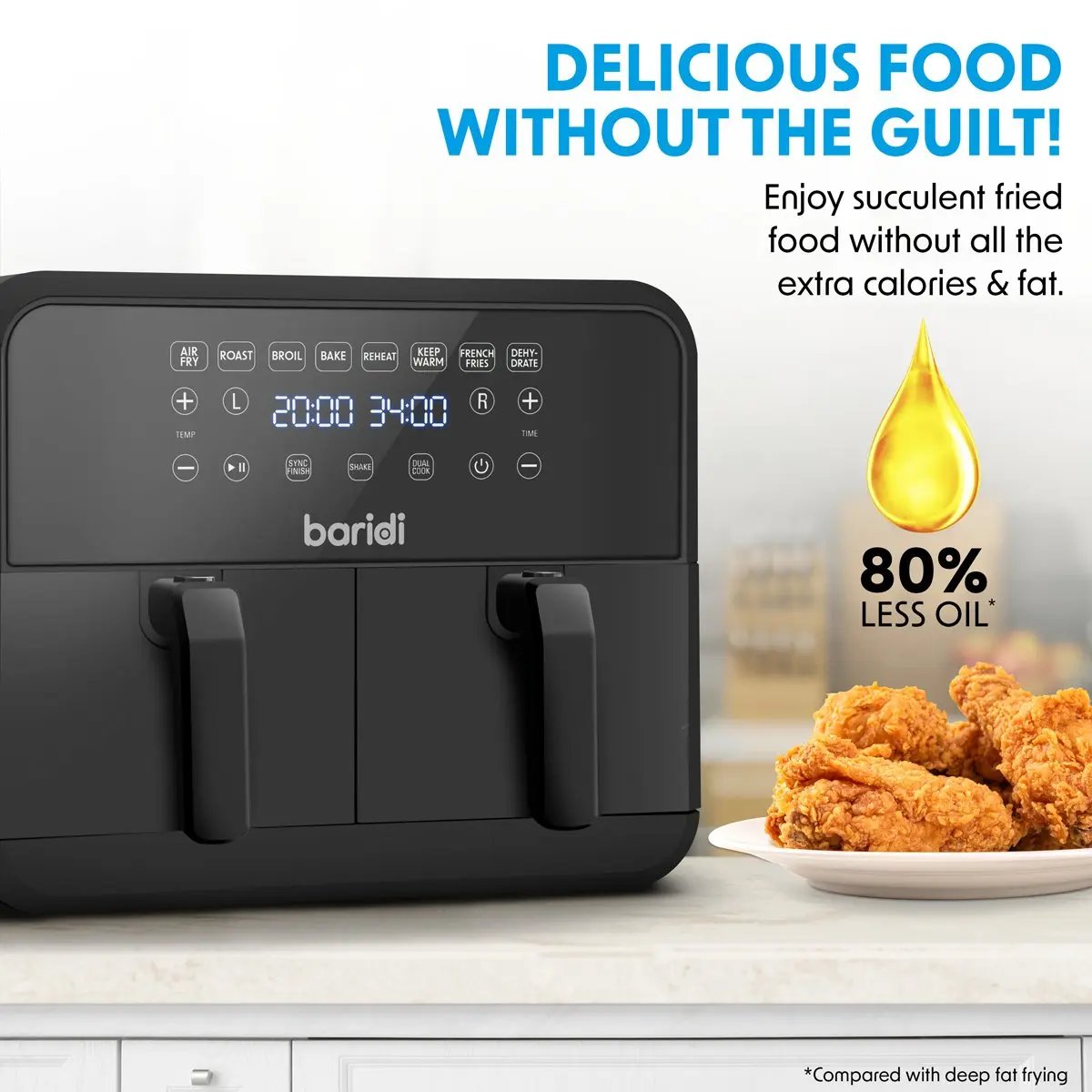 Baridi DH172 Dual Zone Air Fryer 8L with 8-in-1 Functions Touch Controls Easy-Clean Black - DH172 Baridi