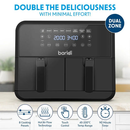 Baridi DH172 Dual Zone Air Fryer 8L with 8-in-1 Functions Touch Controls Easy-Clean Black - DH172 Baridi