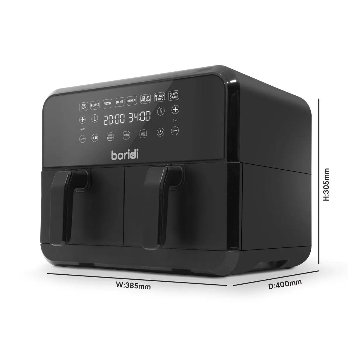 Baridi DH172 Dual Zone Air Fryer 8L with 8-in-1 Functions Touch Controls Easy-Clean Black - DH172 Baridi