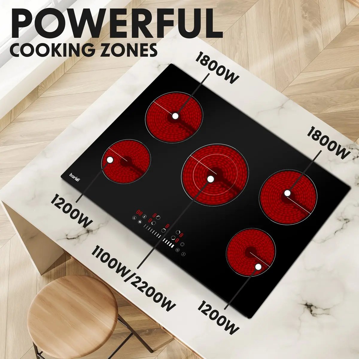 Baridi DH175 77cm Built-In Ceramic Hob with 5 Cooking Zones Black Glass 8200W with Slider Touch Controls Timer Baridi