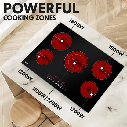 Baridi DH175 77cm Built-In Ceramic Hob with 5 Cooking Zones Black Glass 8200W with Slider Touch Controls Timer Baridi