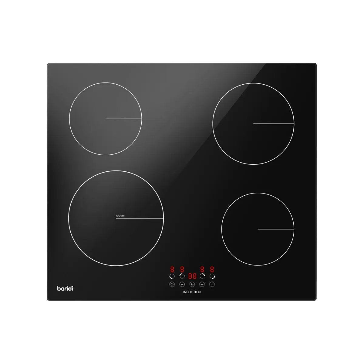 Baridi DH176 60cm Built-In Induction Hob with 4 Cooking Zones Black Glass 6800W with 9 Power Settings Touch Controls & Timer Hardwired Baridi