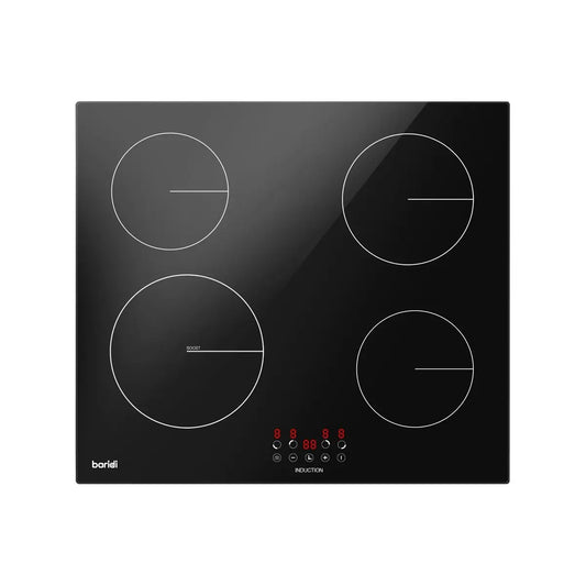Baridi DH176 60cm Built-In Induction Hob with 4 Cooking Zones Black Glass 6800W with 9 Power Settings Touch Controls & Timer Hardwired Baridi