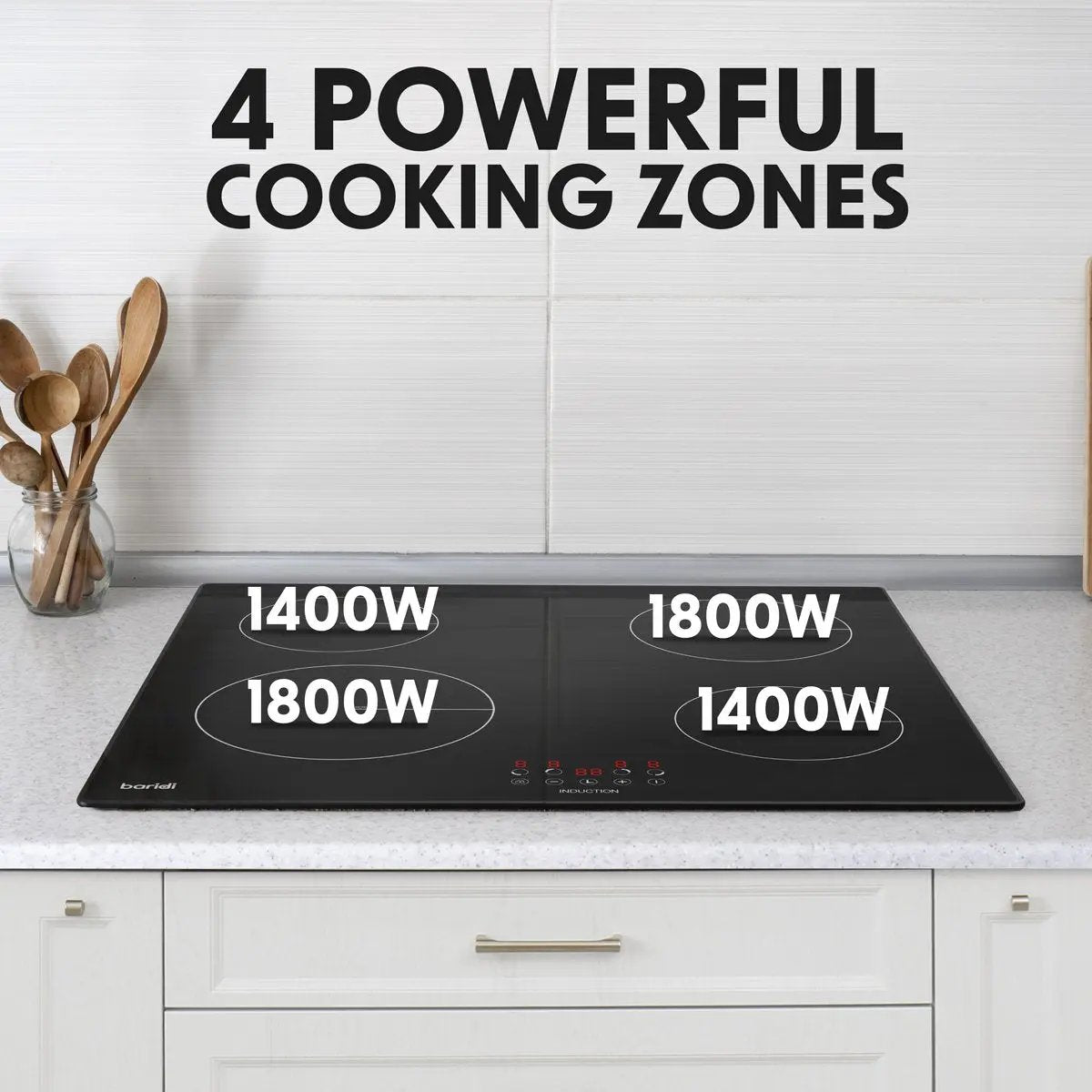 Baridi DH176 60cm Built-In Induction Hob with 4 Cooking Zones Black Glass 6800W with 9 Power Settings Touch Controls & Timer Hardwired Baridi