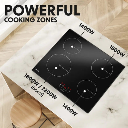 Baridi DH176 60cm Built-In Induction Hob with 4 Cooking Zones Black Glass 6800W with 9 Power Settings Touch Controls & Timer Hardwired Baridi
