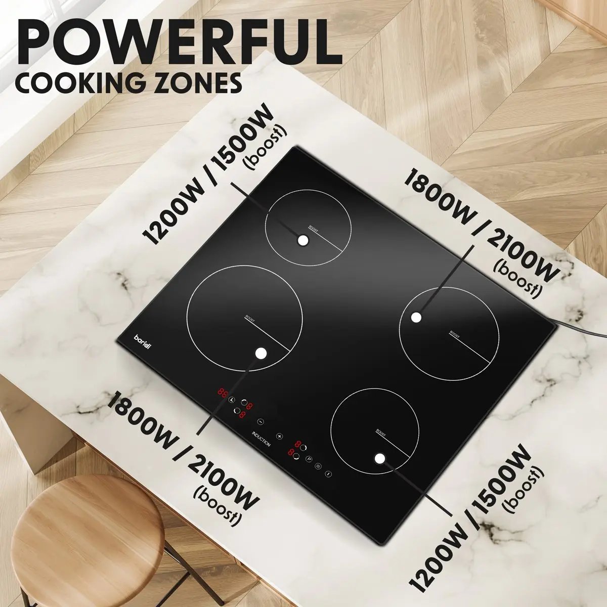 Baridi DH177 60cm Built-In Induction Hob with 4 Cooking Zones 2800W Boost Function 9 Power Levels Touch Control Timer supplied with 13A Plug Baridi