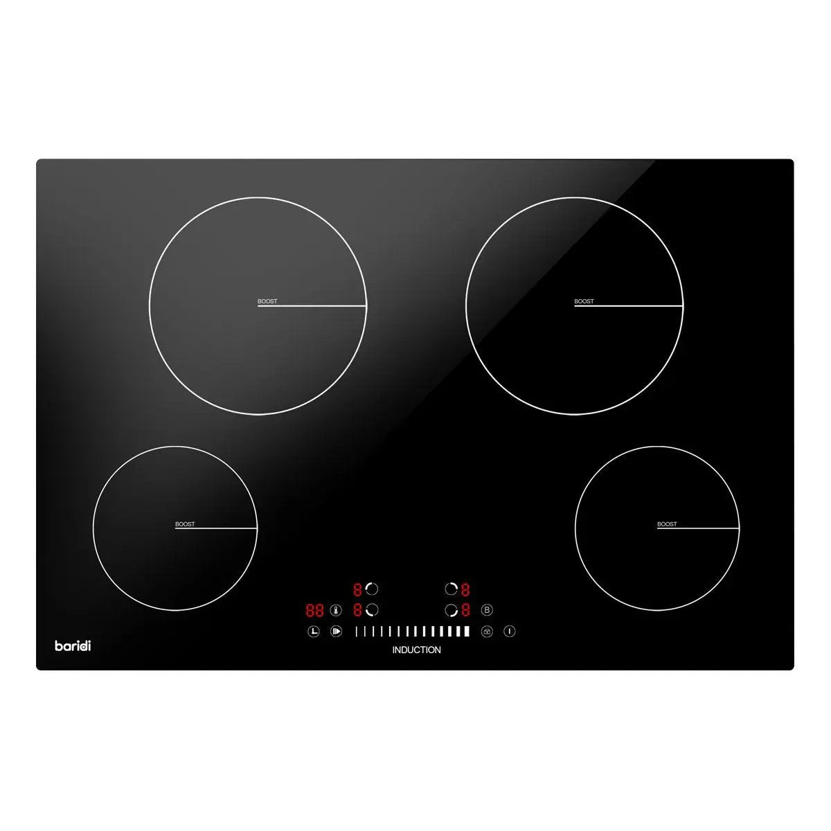 Baridi DH179 77cm Built-In Induction Hob with 4 Cooking Zones 7200W Boost Function 9 Power Levels Touch Control & Timer Hardwired Baridi