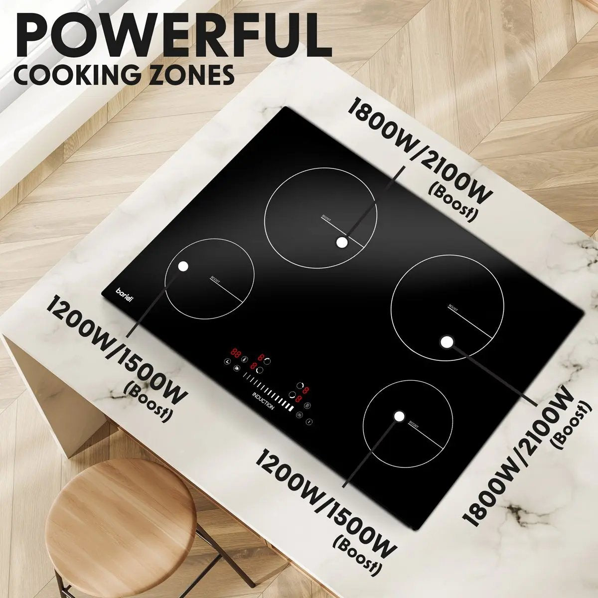 Baridi DH179 77cm Built-In Induction Hob with 4 Cooking Zones 7200W Boost Function 9 Power Levels Touch Control & Timer Hardwired Baridi