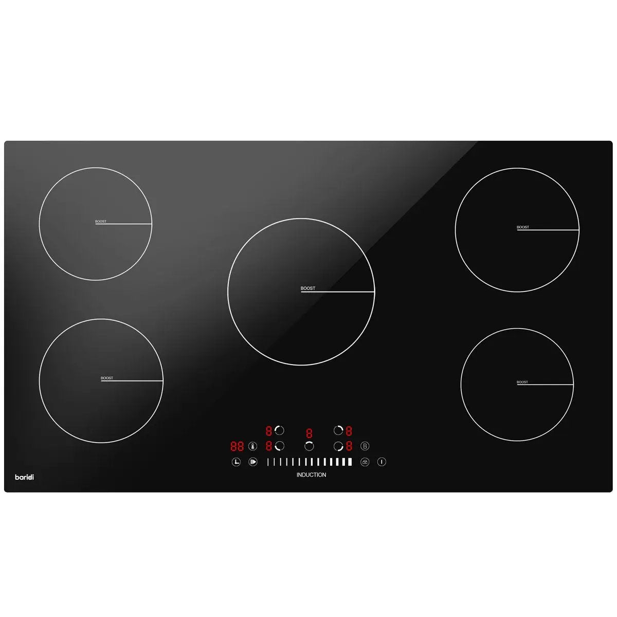 Baridi DH180 90cm Built-In Induction Hob with 5 Cooking Zones 9300W Boost Function 9 Power Levels Slider Touch Control Hardwired Baridi