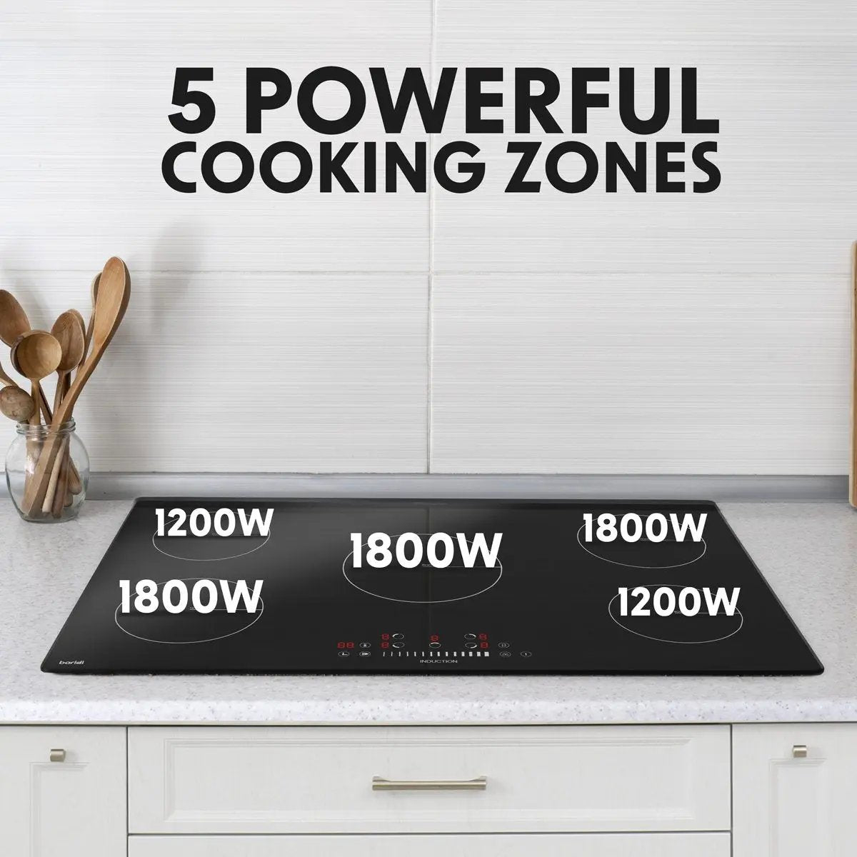 Baridi DH180 90cm Built-In Induction Hob with 5 Cooking Zones 9300W Boost Function 9 Power Levels Slider Touch Control Hardwired Baridi