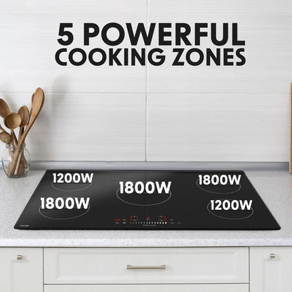 Baridi DH180 90cm Built-In Induction Hob with 5 Cooking Zones 9300W Boost Function 9 Power Levels Slider Touch Control Hardwired Baridi