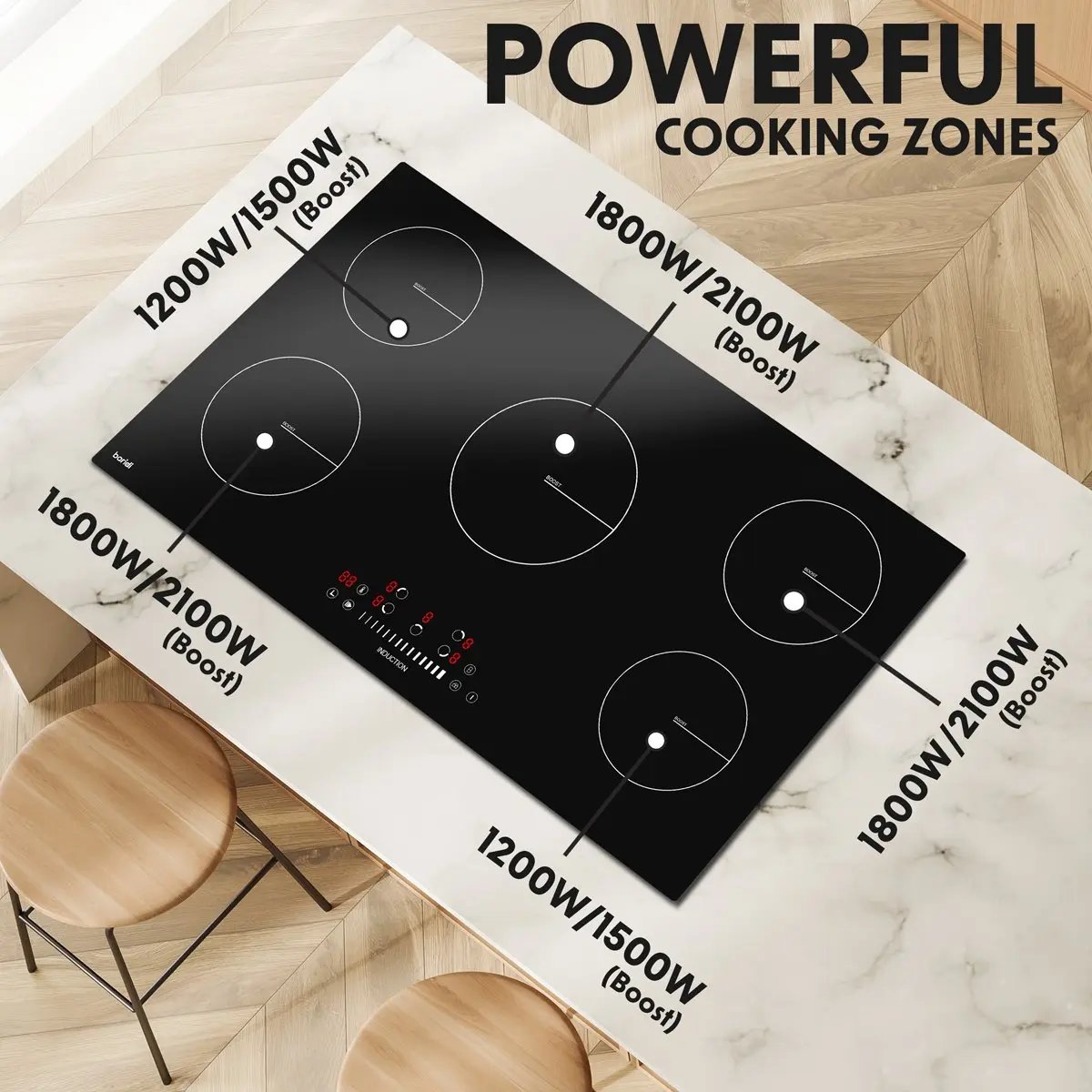 Baridi DH180 90cm Built-In Induction Hob with 5 Cooking Zones 9300W Boost Function 9 Power Levels Slider Touch Control Hardwired Baridi