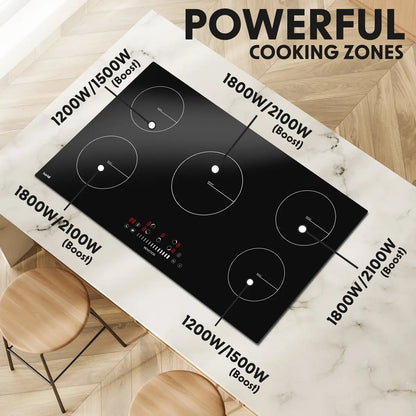 Baridi DH180 90cm Built-In Induction Hob with 5 Cooking Zones 9300W Boost Function 9 Power Levels Slider Touch Control Hardwired Baridi