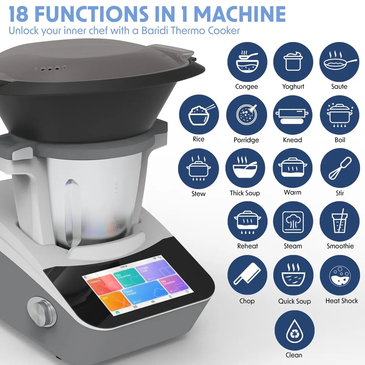 Baridi DH189 Smart Kitchen Robot Thermo-Cooker 18 Preset Functions 7” TFT Touchscreen Baridi