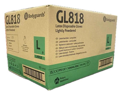 Bodyguards GL818 Latex Disposable Gloves – Lightly Powdered, Box of 100 Bodyguards