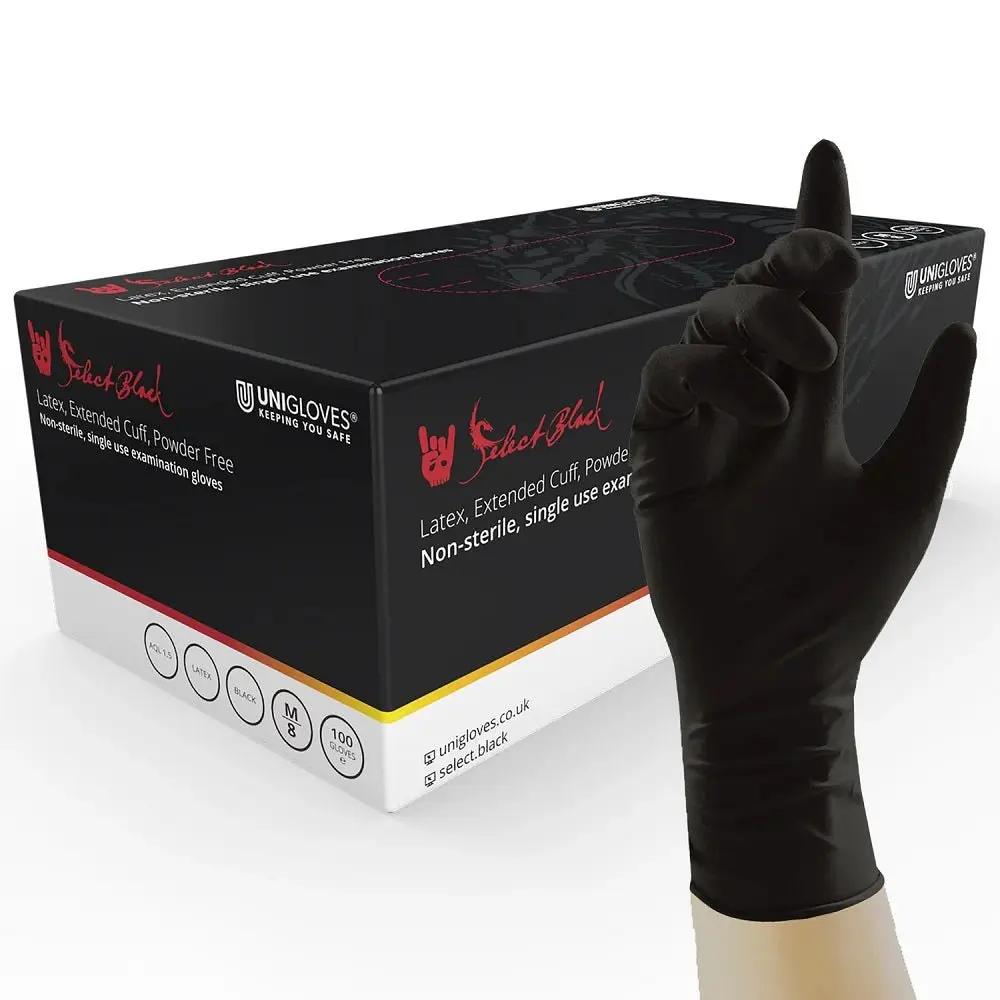 Box 100 Unigloves Select Black Long Cuff Black Latex Disposable Gloves GT001 Unigloves