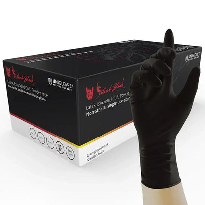 Box 100 Unigloves Select Black Long Cuff Black Latex Disposable Gloves GT001 Unigloves