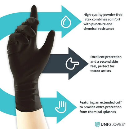 Box 100 Unigloves Select Black Long Cuff Black Latex Disposable Gloves GT001 Unigloves