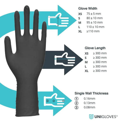 Box 100 Unigloves Select Black Long Cuff Black Latex Disposable Gloves GT001 Unigloves