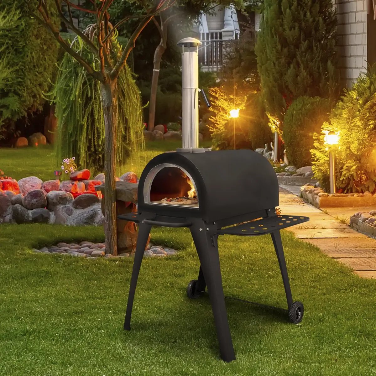 Dellonda DG103 Large Outdoor Wood-Fired Pizza Oven & Smoker with Side Shelves & Stand Dellonda