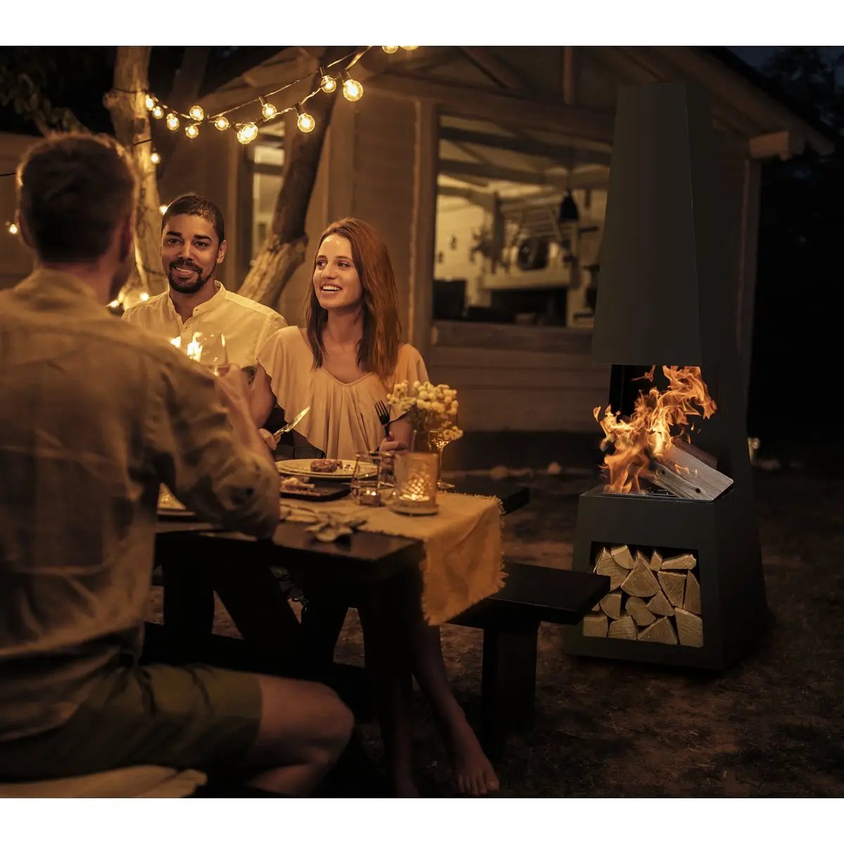 Dellonda DG107 Outdoor Chiminea Fireplace Fire Pit Heater Firewood Storage Black Steel Dellonda