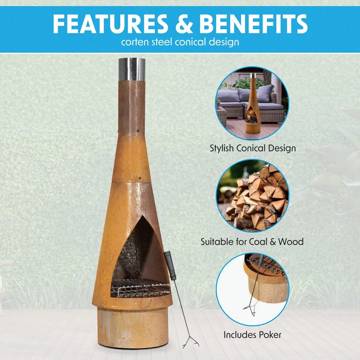 Dellonda DG110 Outdoor/Garden/Patio Conical Chiminea Fireplace Fire Pit Heater H127cm - Corten Steel Dellonda