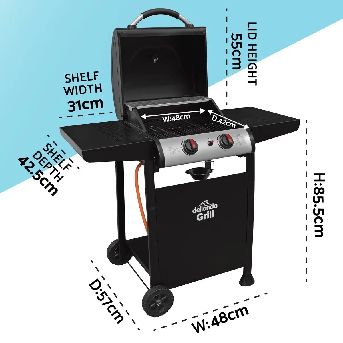 Dellonda DG13 2 Burner Gas BBQ Grill with Ignition & Thermometer - Black/Stainless Steel Dellonda