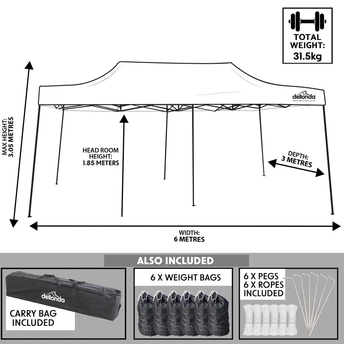 Dellonda DG138 Premium 3x6m Pop-Up Gazebo Heavy Duty PVC Coated Water Resistant Fabric Beige Dellonda