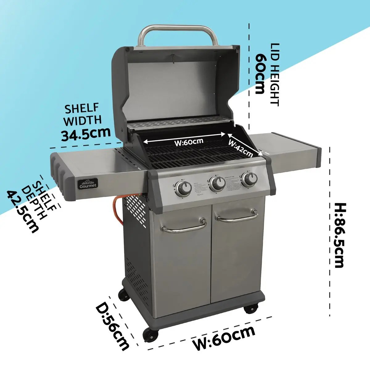 Dellonda DG16 3 Burner Deluxe Gas BBQ Grill with Piezo Ignition & Wheels - Stainless Steel Dellonda